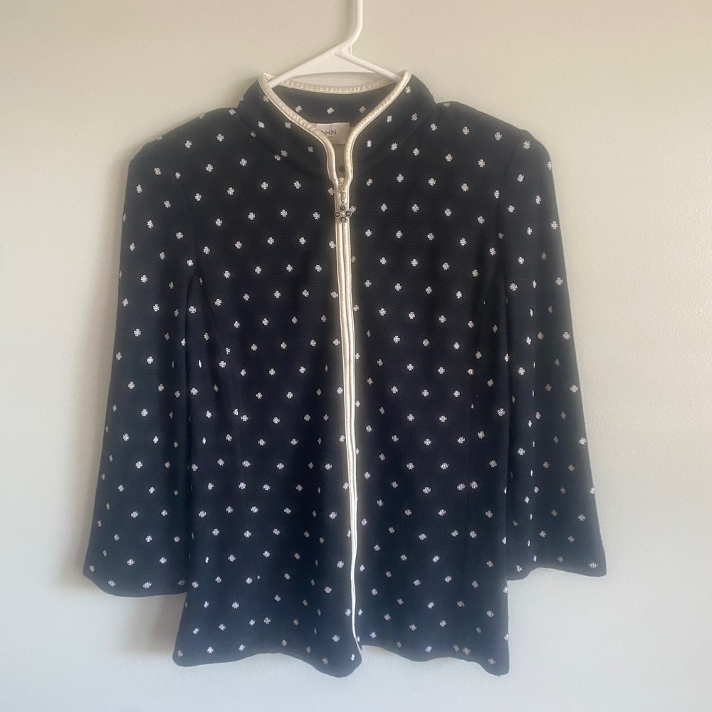 St. John Collection Womens Navy Wool Polka Dot Zip Up 3/4 Sleeve Cardigan Size 0